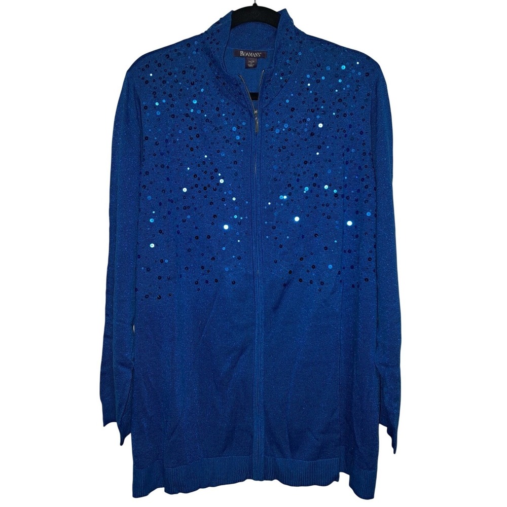 Roaman's Sequin Jacket, Blue, 2X, Zip front